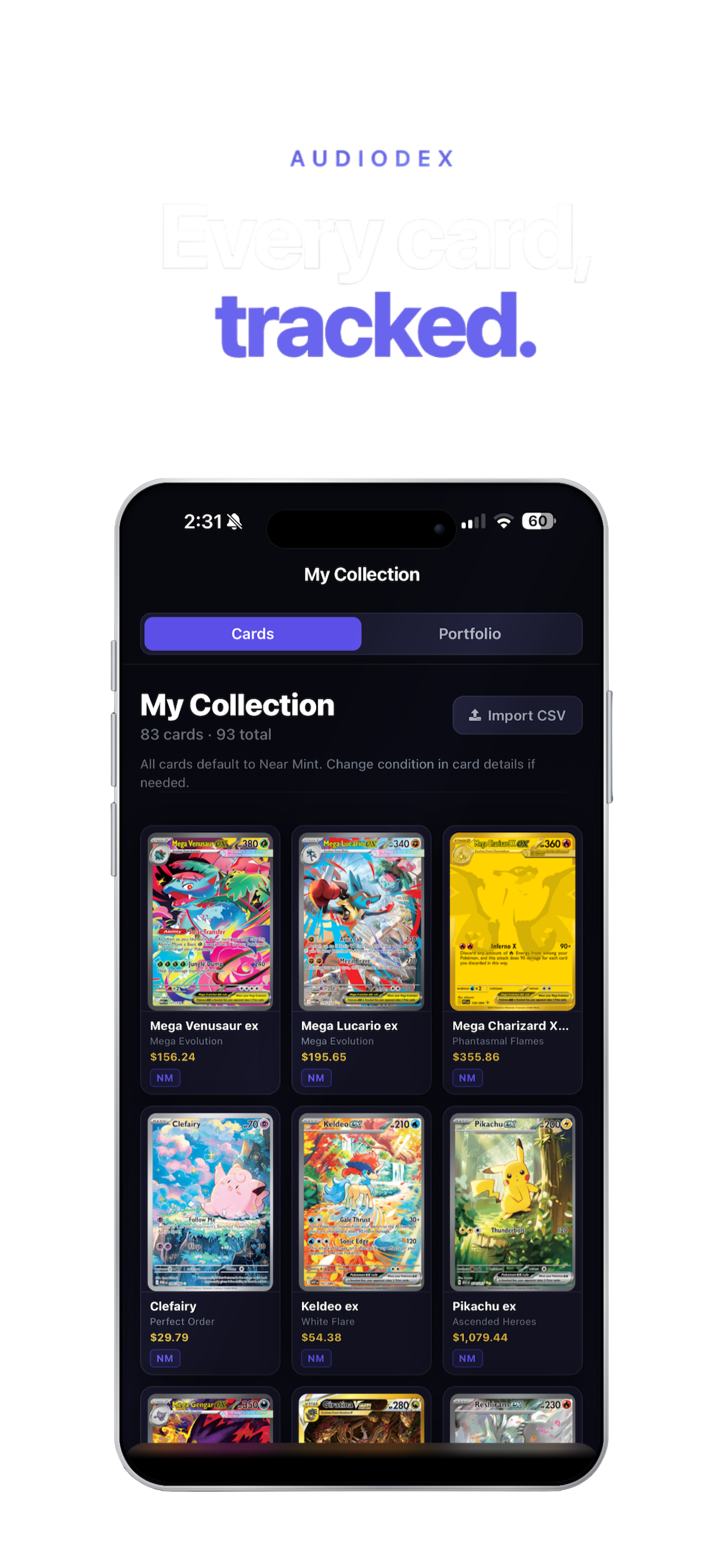 AudioDex collection screen showing Pokémon cards with live market prices